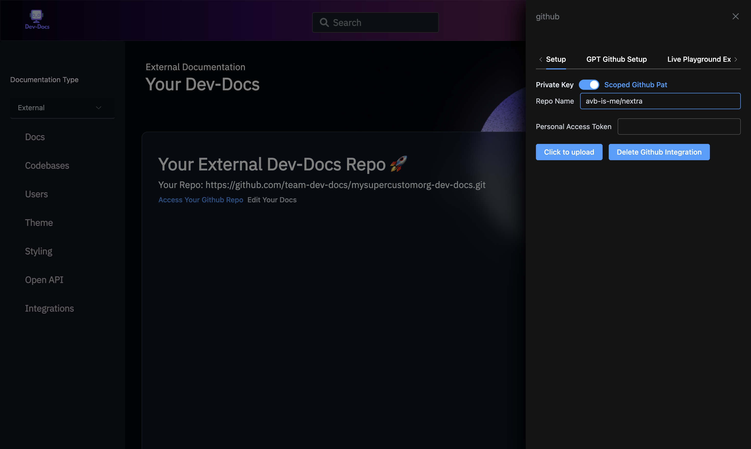 This is the image for DIV with the text: SetupGPT Github SetupLive Playground ExamplesPrivate KeyScoped Github PatRepo NamePersonal Access TokenClick to uploadDelete Github IntegrationAdd new File Your current Open API Files. Add to Your DocsRepo NameOwnerDocs PathCreate ChatCreate Example Playground and then clicked
